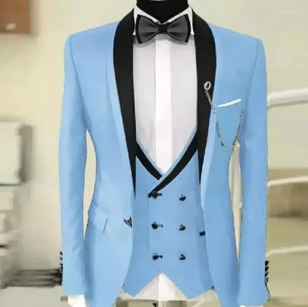Erkekler Suitler Resmi Açık Mavi Takım İnce Fit Smokin 3 Parçası Kostüm Homme Düğün Blazer Erkekler Vestidos De Fiesta Damat Balo Seti