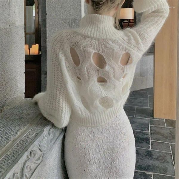 Kadınların Sweaters Ligiguyue Sonbahar Bahar Geri Boş Out Yün Beyaz Tiftik Kazak Kadın Fermuarı Bultlenek Örgü Külot Seksi Örgü E287