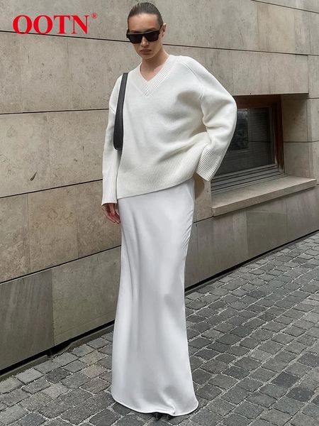 Roupas étnicas OOTN elegante branco cintura alta trompete saias rua chique cetim longo feminino outono poliéster até o chão saia de seda 2023 231212