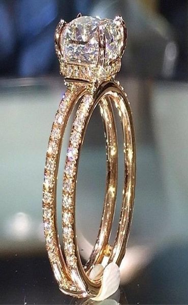 Banhado a ouro amarelo 14k duplo diamante coroa anel europeu e americano diamante princesa noivado senhoras jóias finas2270946
