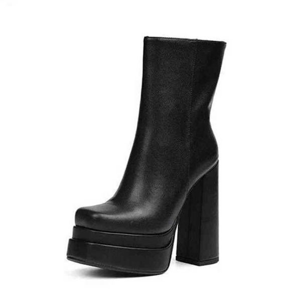 Botas 14cm saltos altos fino temperamento grosso botas curtas mulheres primavera e outono único branco plataforma impermeável fundo 220722