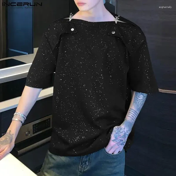 T-shirt da uomo INCERUN Top 2023 T-shirt da uomo decostruite con design di giuntura bello Flash Maculato inchiostro con spalle scoperte Camiseta a maniche corte