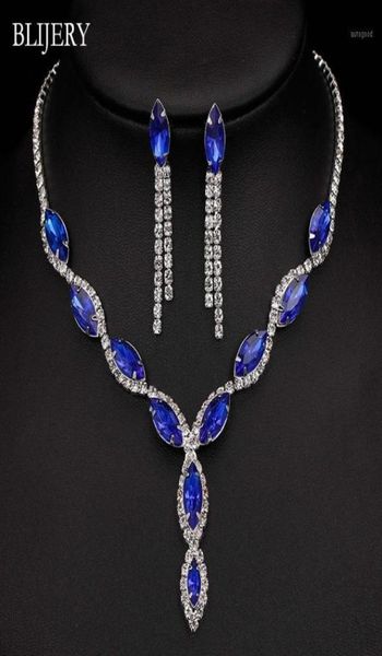 BLIJERY посеребренные комплекты свадебных украшений с королевскими синими кристаллами для женщин, длинное ожерелье с кисточками и листьями, серьги, свадебные ювелирные наборы13007705179