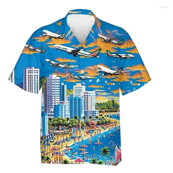 Мужские повседневные рубашки, костюмы в стиле самолета, винтажная гавайская рубашка для отпуска для мужчин, блузка с 3D цветочным узором, роскошная мужская одежда высокого качества