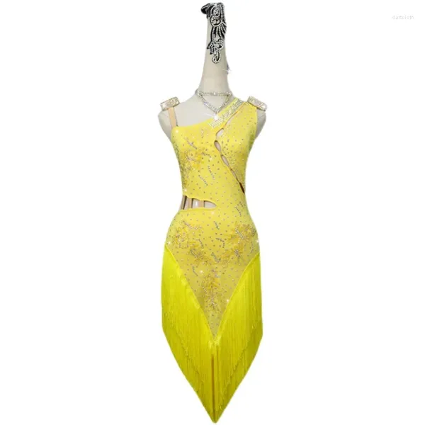 Palco desgaste personalizado amarelo vestido de dança latina feminino diamante saia cha tango adulto trajes profissionais