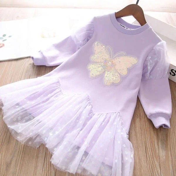 Abiti da ragazza Abito in maglia Primavera e autunno T-shirt a maniche lunghe per bambini Gonna principessa Viola Fondo in garza casual