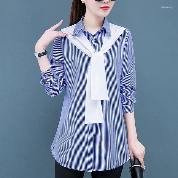 Blusas femininas de comprimento médio camisa vintage azul branco primavera outono roupas ol moda coreana mulheres tops camisas