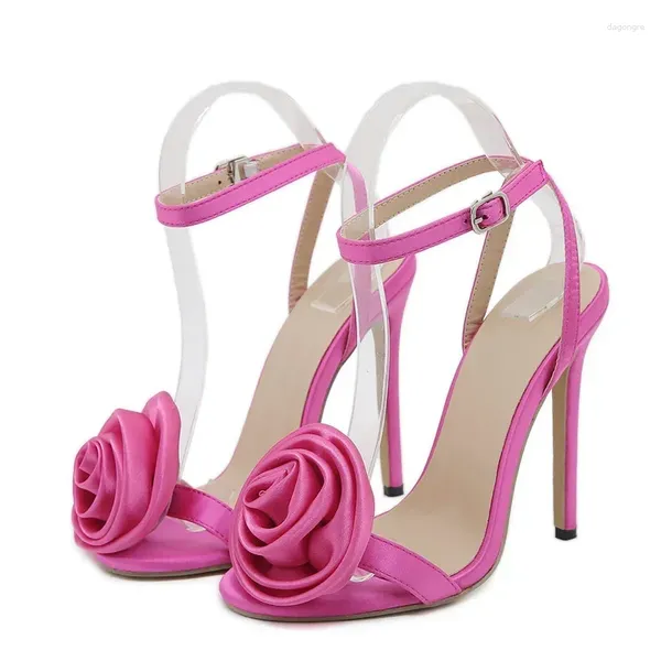 Sandali in raso di seta con design rosa con tacco da donna, scarpe aperte da sera, scarpe da sera, gladiatore, cinturino con fibbia estiva, tacchi alti