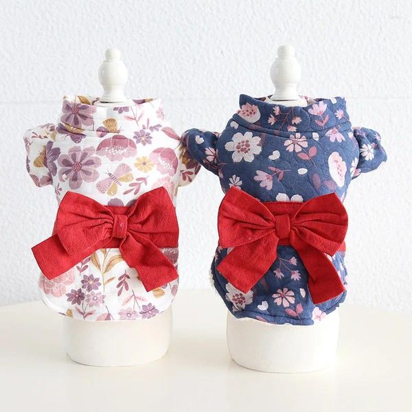 Abbigliamento per cani Bianco Navy Colori Cappotti con stampa floreale Cappotti con fiori di ciliegio addensati Kimono Vestiti per animali domestici per l'autunno e l'inverno 2023