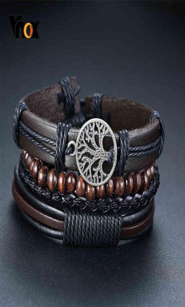 Vnox 4-teiliges Set geflochtene Wickel-Lederarmbänder für Männer, Vintage-Lebensbaum, Ruder-Charm, Holzperlen, ethnische Tribal-Armbänder, 7713052