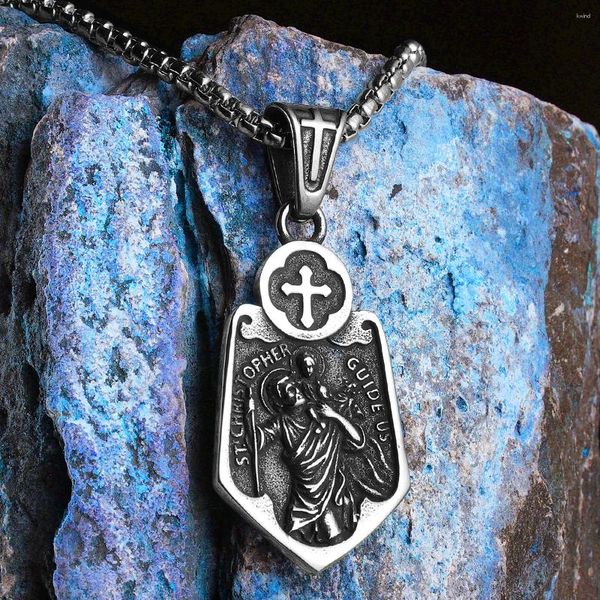 Anhänger Halsketten Kreuz Schild St.Christopher Amulett Männer Edelstahl Kette Frauen Schmuck Vintage Zubehör Geschenke Großhandel