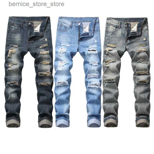 Jeans da uomo Pantaloni slim fit in denim Pantaloni da uomo Nostalgico strappato Jeans strappati di marca Moda Uomo dritto Mendicanti Hip Hop Foro maschile Azzurro Q231213