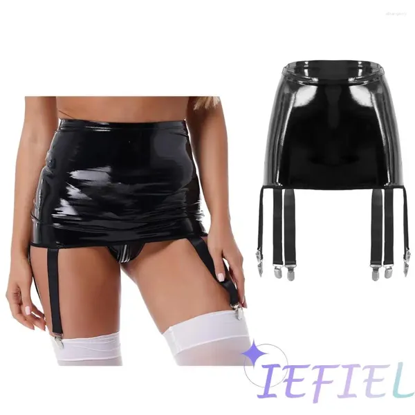 Saias senhoras lápis saia suspensórios coxa meias altas clipes de metal látex vestido nightclub collants pólo dança desempenho traje