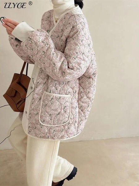 Trench da donna Cappotto in cotone trapuntato a fiori stampato Cappotto da donna caldo coreano a maniche lunghe monopetto imbottito spesso Giacca invernale da donna allentata