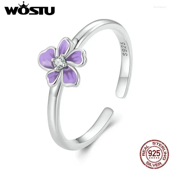 Cluster Anéis Wostu 925 Sterling Silver Mystic Purple Flower Abertura para Mulheres Bonito Coreia Zircon Empilhável Anel de Festa Menina Presente de Aniversário