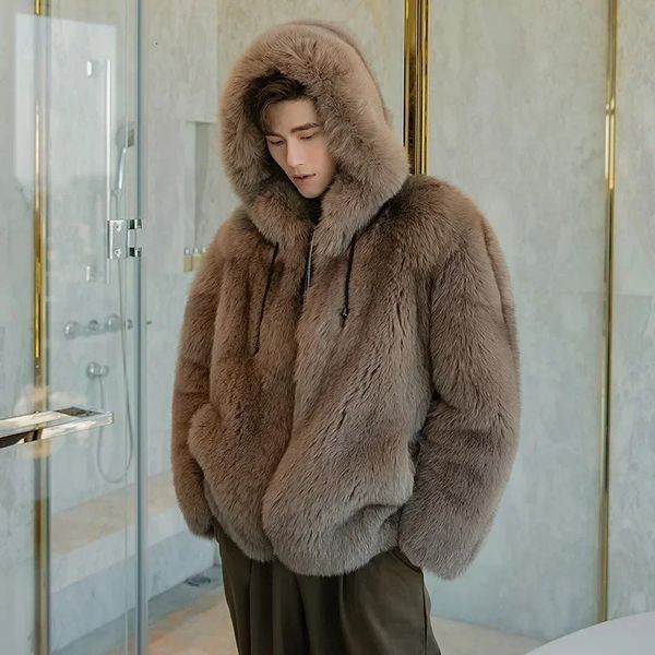 Мужские куртки из цельной кожи с искусственным мехом и капюшоном, теплая одежда, молодежная зимняя викторианская куртка, мужской корейский модный плащ 231212