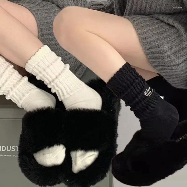 Meias femininas coreano de malha longa para homens engrossar inverno quente macio meninas moda vintage cor sólida carta meias