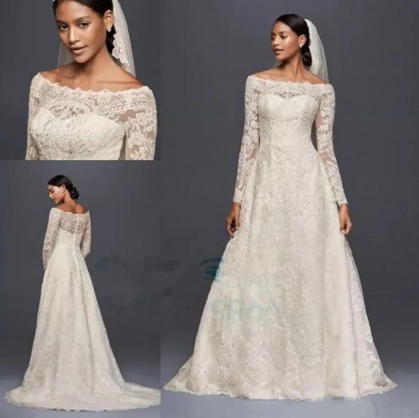 Abiti da sposa modesti maniche lunghe applicazioni in pizzo abiti da sposa con spalle scoperte Abito da sposa Oleg Cassini da esterno taglie forti