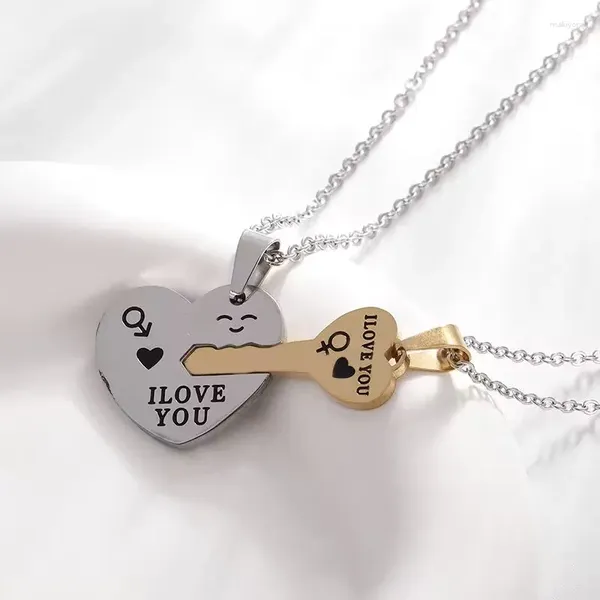 Colares de pingente elegante duplo coração forma chave colar de aço inoxidável para homens e mulheres romântico aniversário jóias casal presente