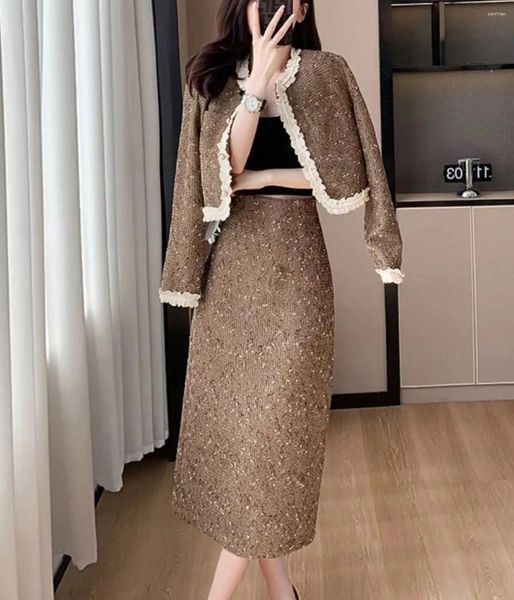Arbeitskleider Herbst Winter Licht Luxus Tweed Zweiteiler Set Spitze Patchwork Kurzmantel Jacke Hohe Taille A-Linie Rock Koreanisch