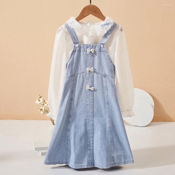 Conjuntos de roupas meninas ternos formais para crianças uniforme escolar camisa branca denim vestido adolescentes roupas crianças trajes 6 8 10 12 13 anos