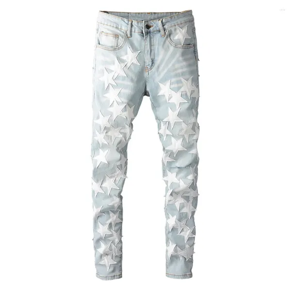 Jeans da uomo Toppe in pelle con stelle Design Streetwear Pantaloni in denim elasticizzato strappati patchwork Pantaloni skinny sottili a matita