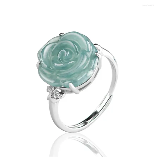 Anéis de cluster 925 prata natural verde jadeite esculpida rosa flor sorte anel ajustável certificado artesanato luxo jade vintage