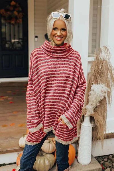Suéter feminino manga comprida gola alta estampa listrada suéter solto top 2023 outono inverno vermelho amarelo pulôveres de malha oversized jumper