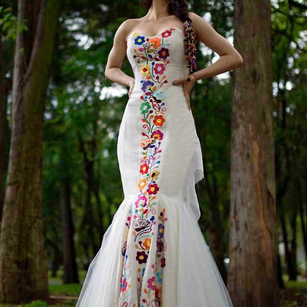 Vestido de noiva mexicano bordado floral colorido para mulheres querida sem mangas cetim memaid vestidos de noiva até o chão espartilho noiva roupa formal 2024 primavera