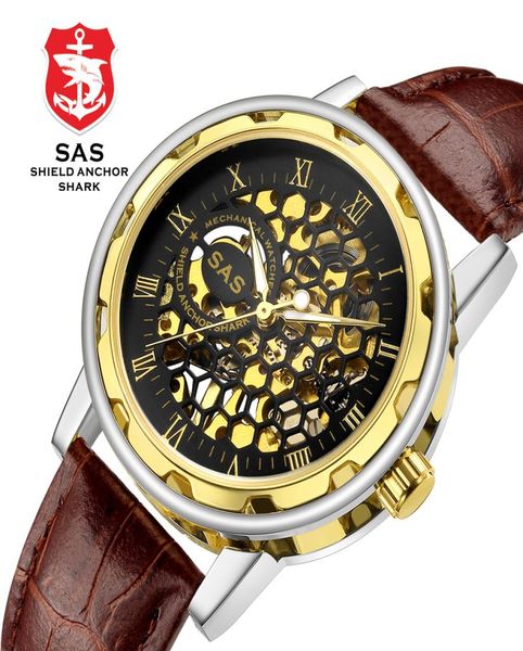 Relógio masculino relogio moda favo de mel oco dial sas tubarão esqueleto relógios mecânicos dos homens marca luxo couro watch2599385