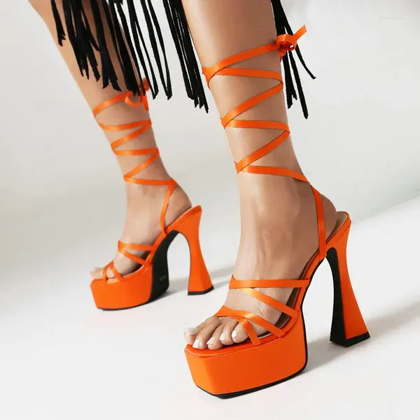 Sandalen Satin Offene spitze Helle Orange Blaue Farbe Plattform Frauen Schuhe Sommer Party Hochzeit Knöchel Kreuzgebundene Gladiator High Heels