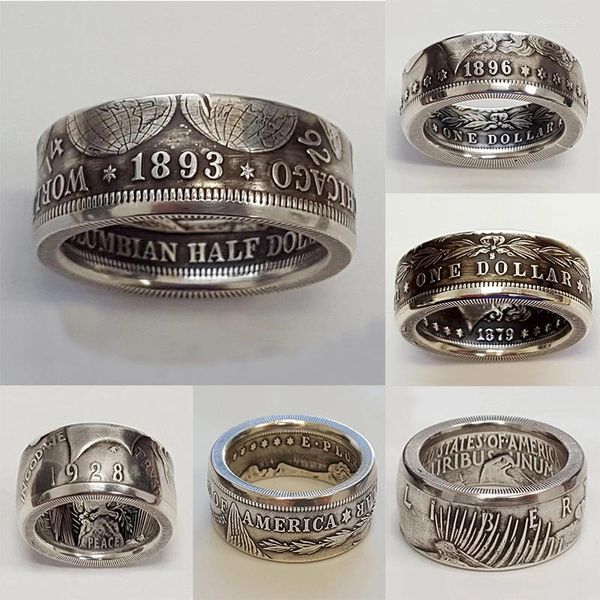 Cluster-Ringe Luxus Vintage Herren Antik Handgemachte Münze Silber Farbe Dollar 1893 Geschnitzt Verschiedene Zeit Punk Ring Klassischer Artenschmuck