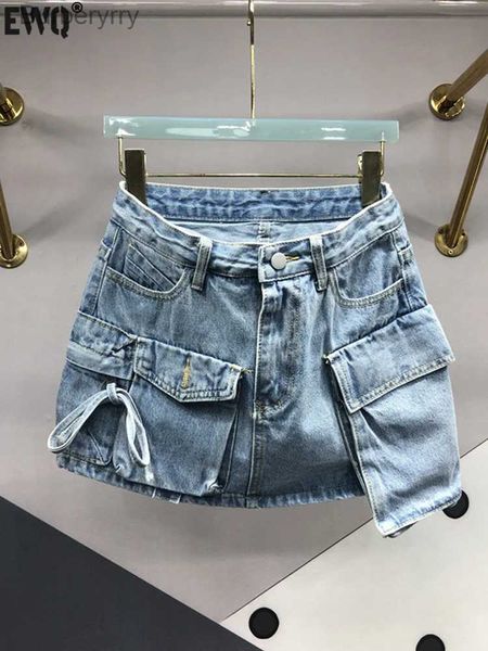 Etekler kadın cep eklenmiş renk katı denim etek yüksek bel kravat vintage mavi etekler 2023 Yaz YENİ All-Maç Giysileri 7356L231212