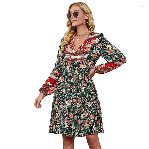 Vestidos casuais boho floral impresso mini preto rayon manga longa outono primavera vintage chique mulheres férias senhoras