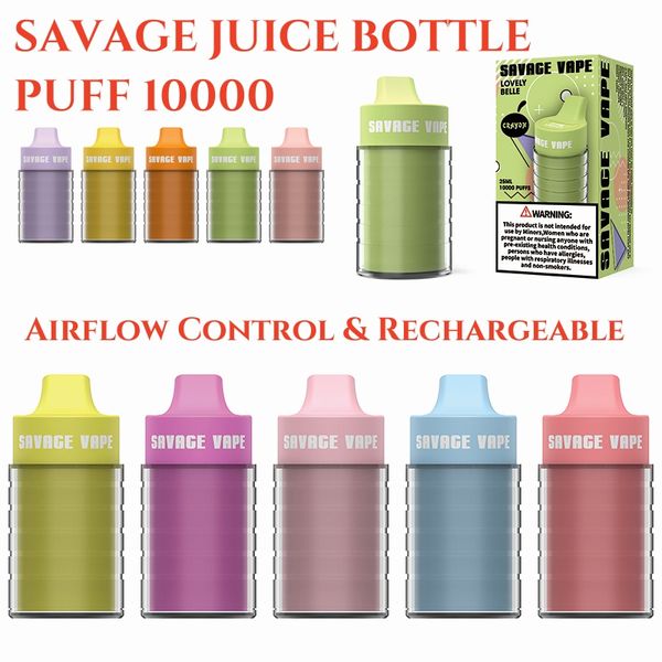 Original SAVAGE JUICE BOTTLE Puff 10000 vapes descartáveis atacado granel 22ml pré-preenchido 2% 3% 5% malha bobina controle de fluxo de ar recarregável vaper 10000 vs Tornado Vape