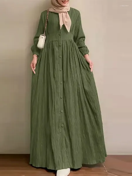 Roupas étnicas Muçulmanas Mulheres Vintage Manga Longa Vestido de Cor Sólida Dubai Turquia Abaya Primavera Outono Elegante Casual Sundress Vestido para Senhoras