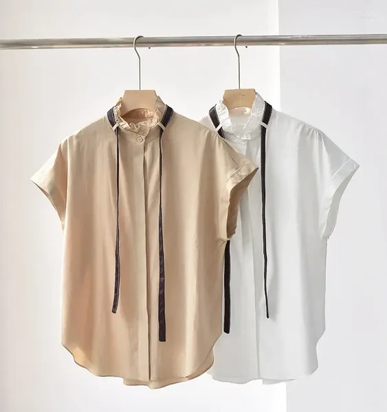 Blusas femininas camisa 2023 grânulo corrente rendas-up gola irregular bainha cor sólida commuter blusa de manga curta