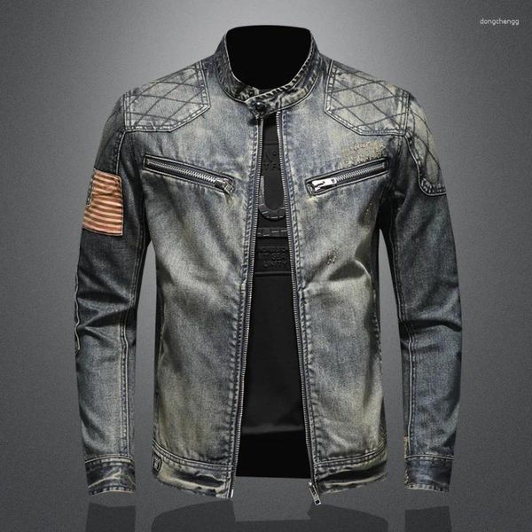 Giacche da uomo Giacca di jeans Bandiera americana Primavera e autunno Top da motociclista con cerniera personalizzata con colletto rialzato