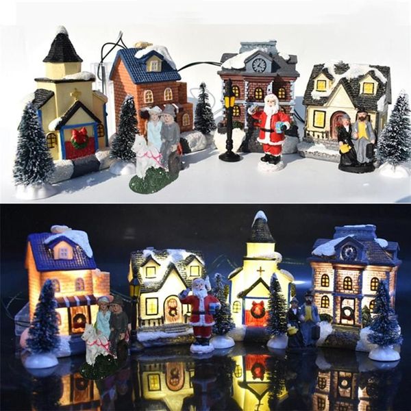 Decorações de Natal 10 Pçs / Conjunto Ornamento Brilhante Cottage Cabine Luminosa Papai Noel Pequena Casa Vila Decoração de Construção para Crianças G193Y