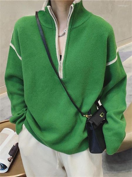 Suéteres para mujer Tops Mujer Cuello alto Vintage Verde Cremallera suelta Tejido Suéter de gran tamaño Otoño Invierno Jersey de manga larga