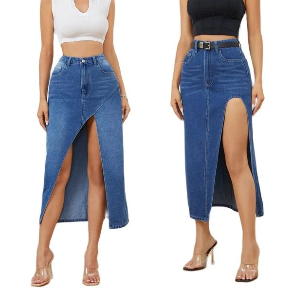 Этническая одежда, поступление 2024 года, женская джинсовая юбка с нерегулярным разрезом, модные свободные сексуальные джинсы средней длины, повседневные женские джинсы XS L 231212