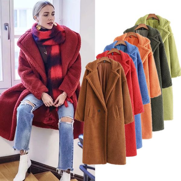 Cappotto da donna invernale oversize lungo in lana di cammello Giacca sfocata in pelliccia sintetica Cappotto shaggy marrone