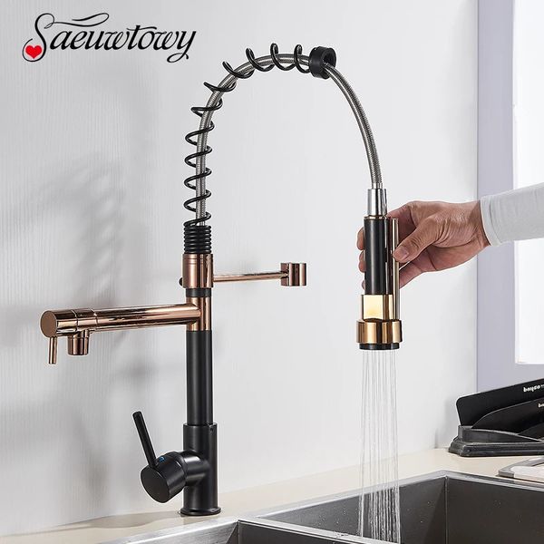 Rubinetti da cucina Rubinetto a molla di lusso nero e oro rosa Miscelatore acqua fredda con rubinetto montato sul piano Ruota di 360 ° Ottone 231211