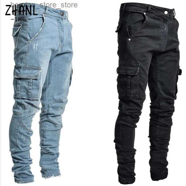 Jeans masculinos calças jeans homens lavagem cor sólida multi bolsos denim cintura média carga jeans plus size fahsion calças casuais masculino desgaste diário q231213