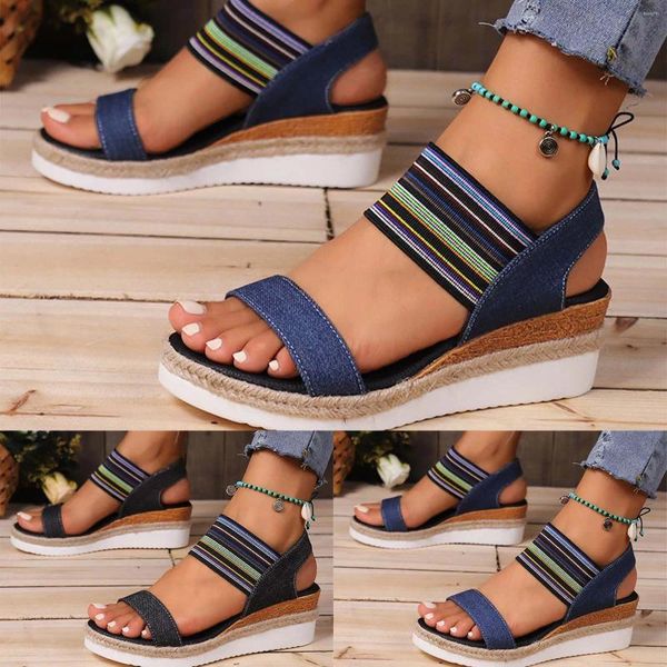 Sandalen Casual Side Hollow Stretchy Slope Bottom Römische Schuhe Damen für Frauen Perlen elegant flach