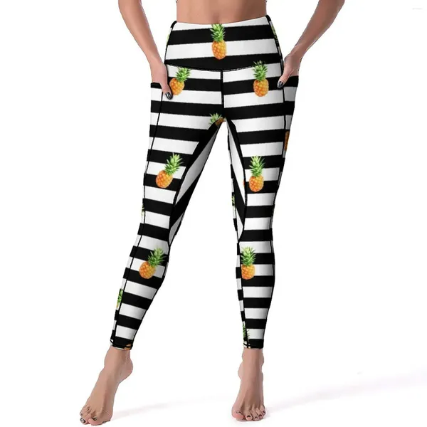 Pantaloni attivi Carino ananas Yoga Strisce nere Stampa Leggings da corsa Vita alta Elastico Sport Legging personalizzato Regalo di compleanno