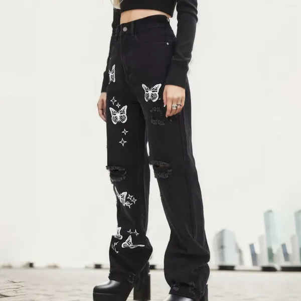 Jeans femininos moda quebrada mulheres angustiadas borboleta impressão cintura alta perna reta estilo rua streetwear