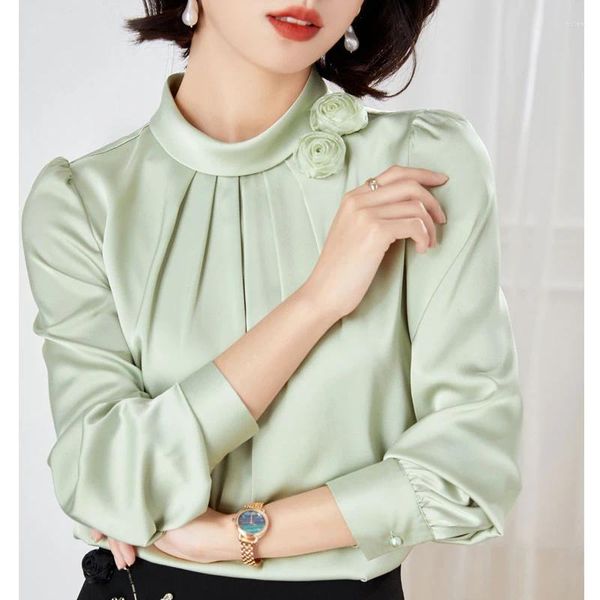 Damenblusen, elegante Blumen-Satin-Seidenbluse, Damen-Langarm-Chiffon-Hemd, modisch, 2023, Stehkragen, Büro-Dame, Tops, Kleidung 23174