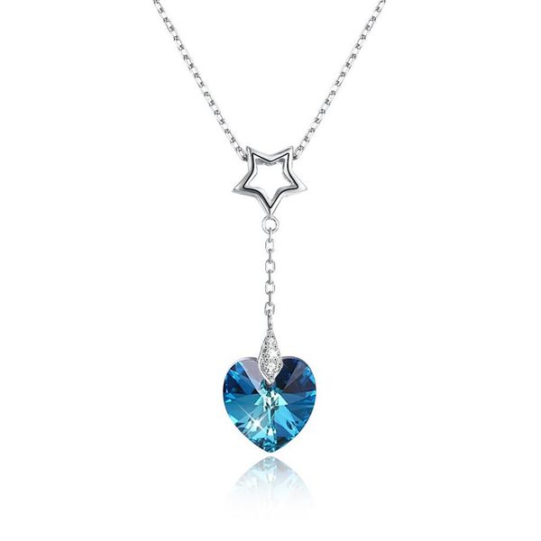 Menrose Genuine S925 Sterling Silver Heart Crystal Pingente Colar Sapphire Blue and Gold 2 Colors Fashion Trends Presente de joias FO2481