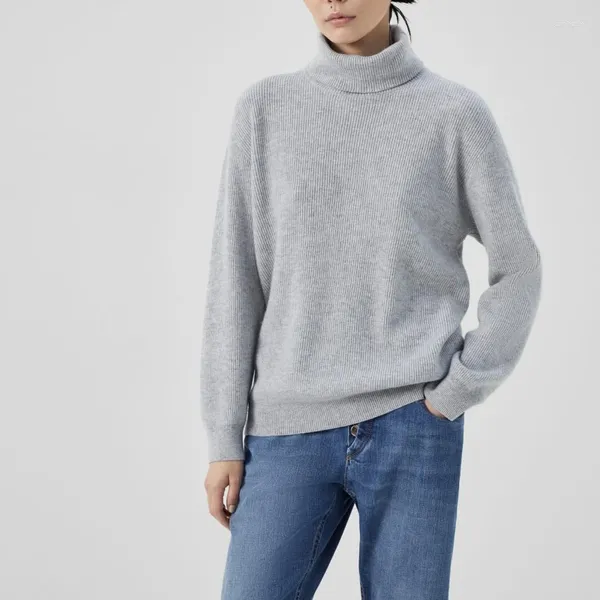 Suéteres femininos 2023 outono e inverno elegante pescoço traseiro cordão corrente design com nervuras tartaruga cashmere suéter